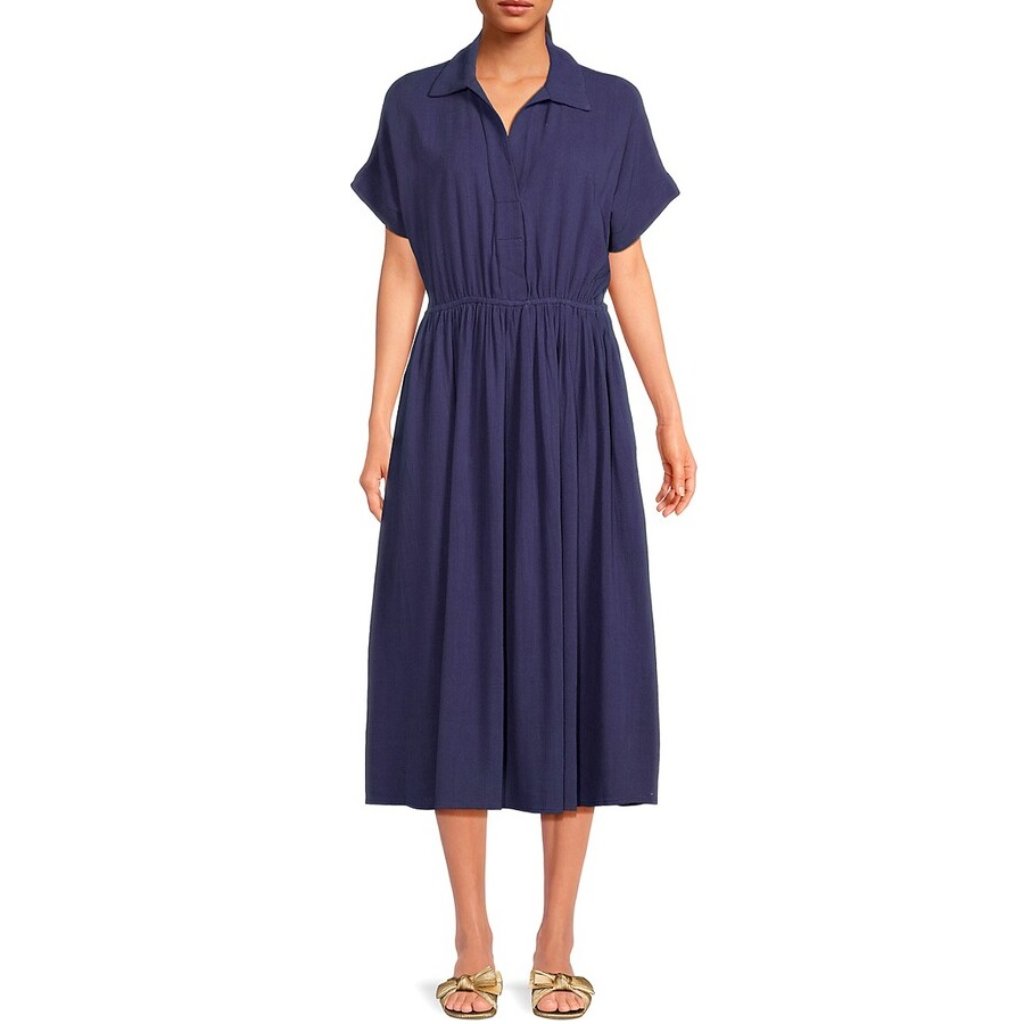 Nwt Renee C. Blue Linen Short Sleeve Ruffle Summer Midi Dress P4029